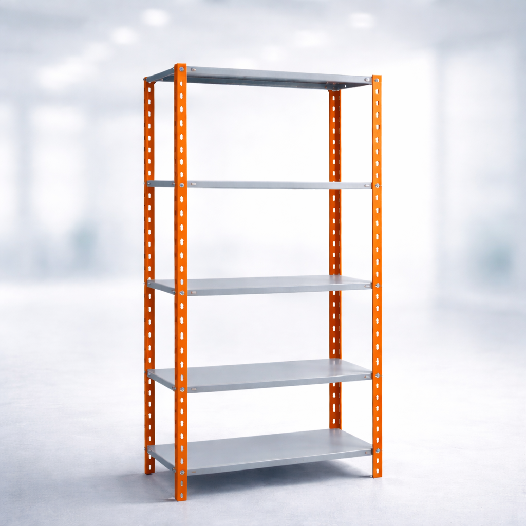 Metal shelving unit with orange frames on a white background